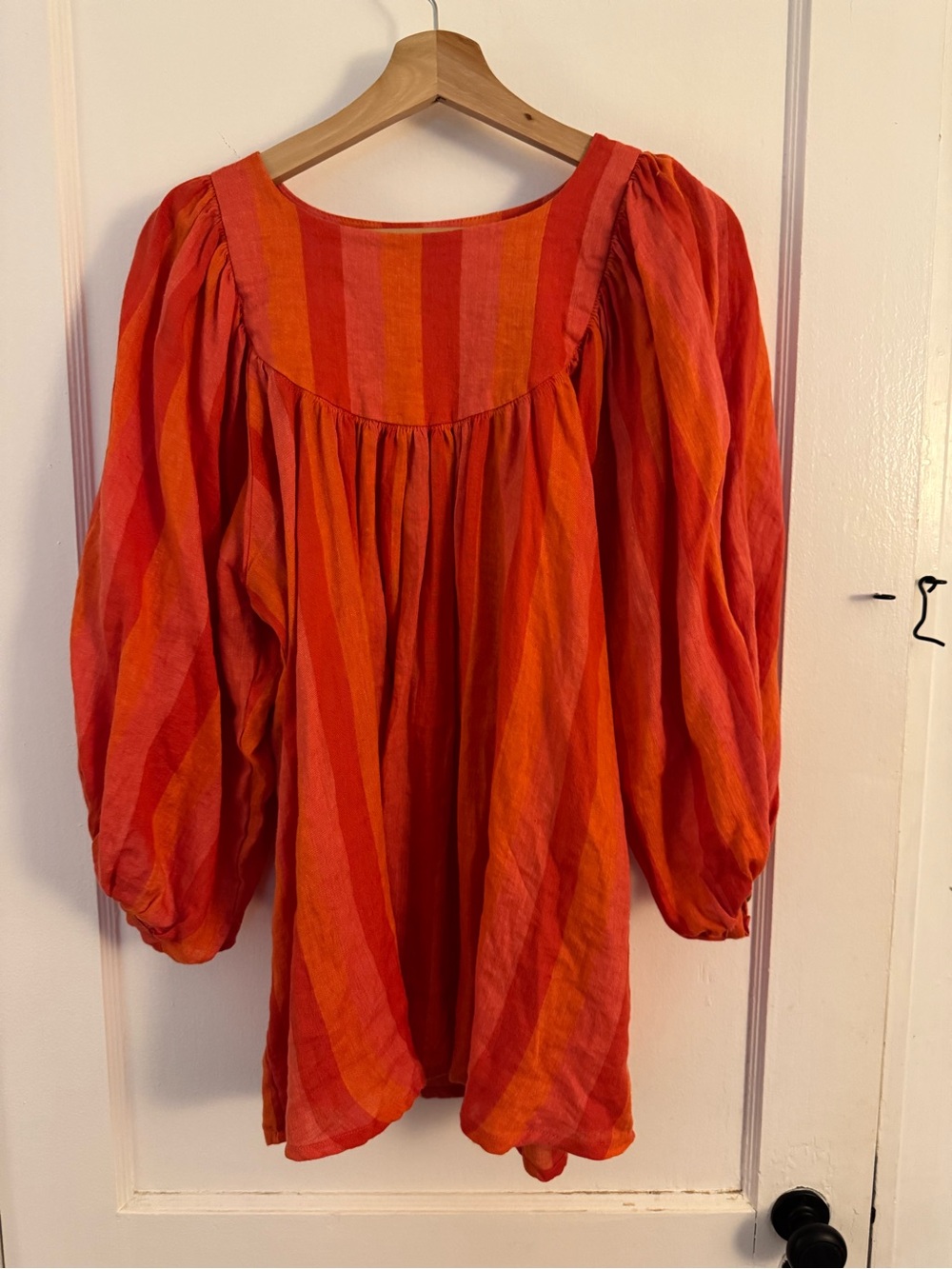 Flowy Red and Orange Peasant Blouse with Balloon Sleeves and Subtle Stripe